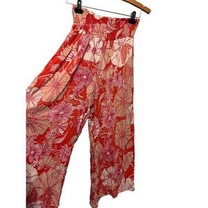 Women’s Red Floral Smocked-Waist Wide Leg Jumpsuit